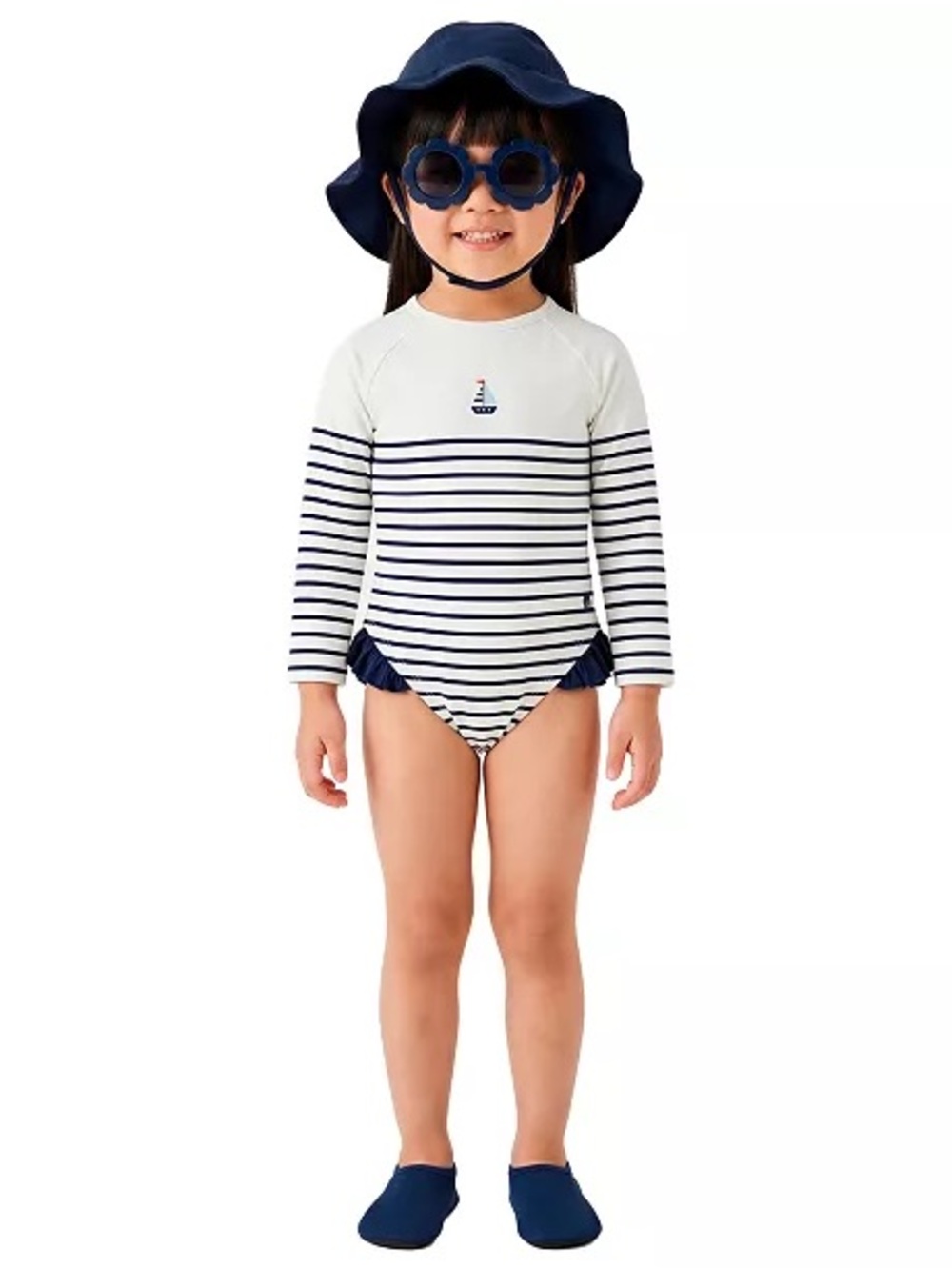 Sperry Navy & White Striped Long-Sleeve One-Piece Swimsuit